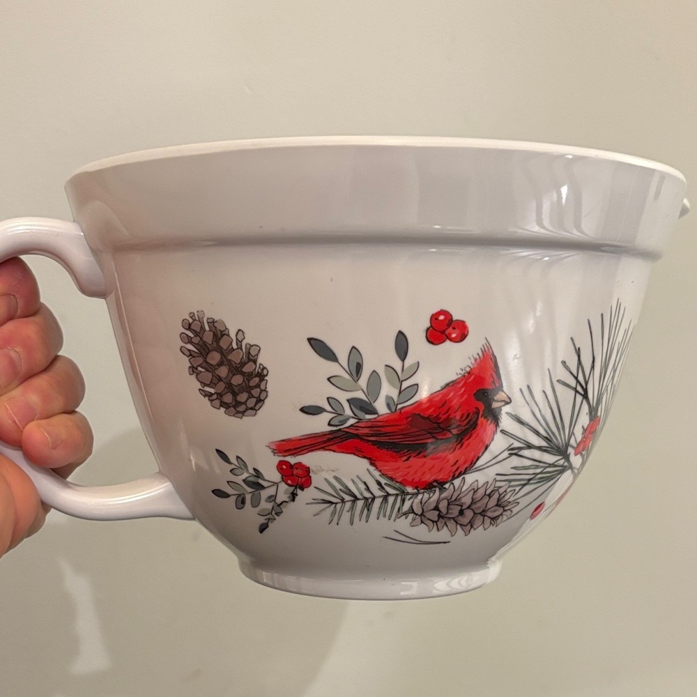 Stonewall Kitchen batter bowl, melamine, white, birds, red berries, pine cones